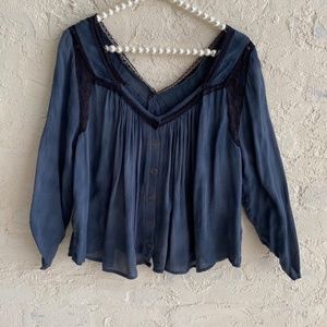 Free People Teal/Blue Flowy Top with Black Lace Accent Snap Front & Sleeve Sz XS